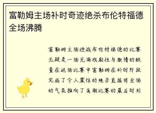 富勒姆主场补时奇迹绝杀布伦特福德全场沸腾